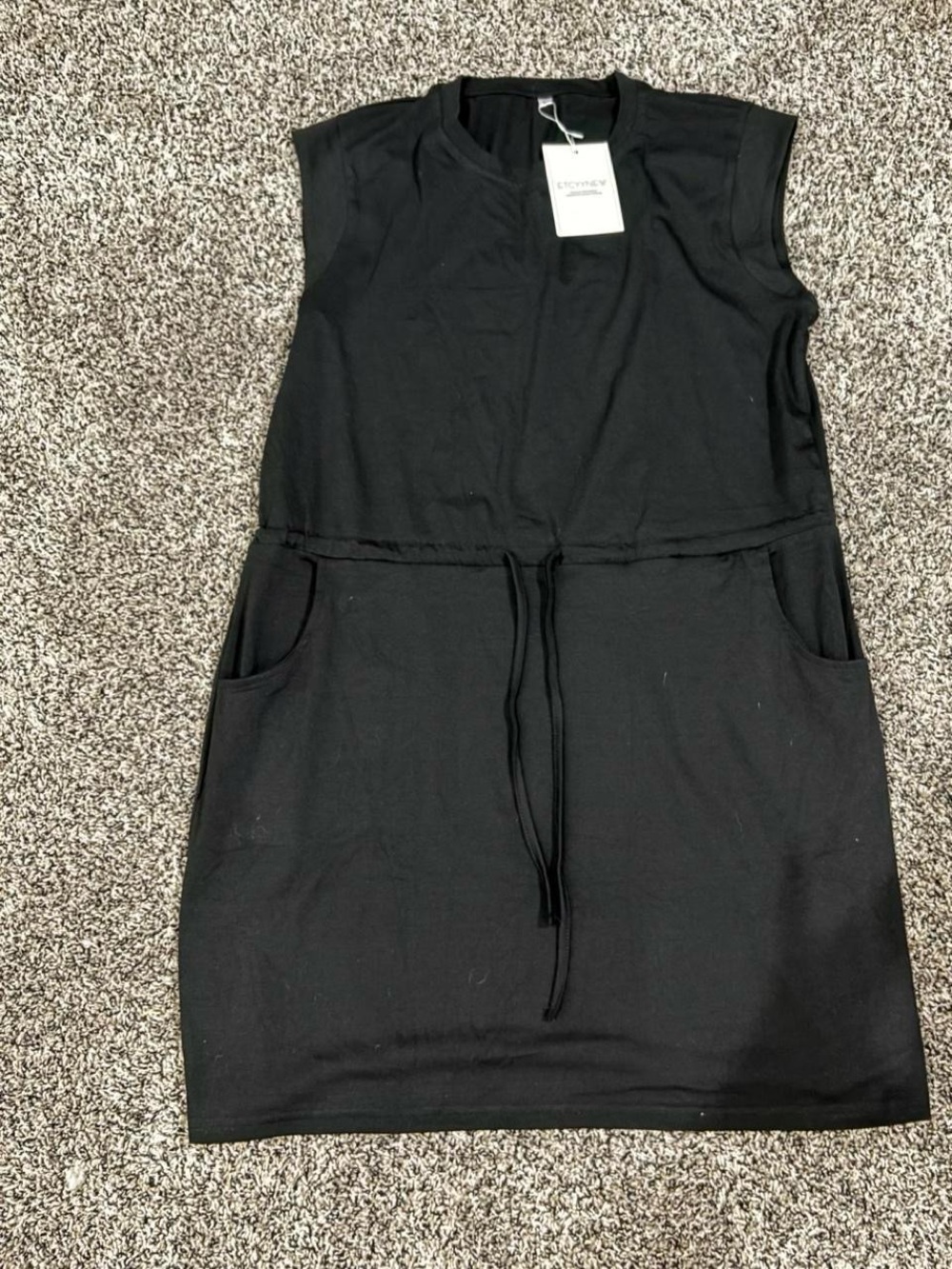Sleeveless Black Midi Dress with Drawstring and Pockets
